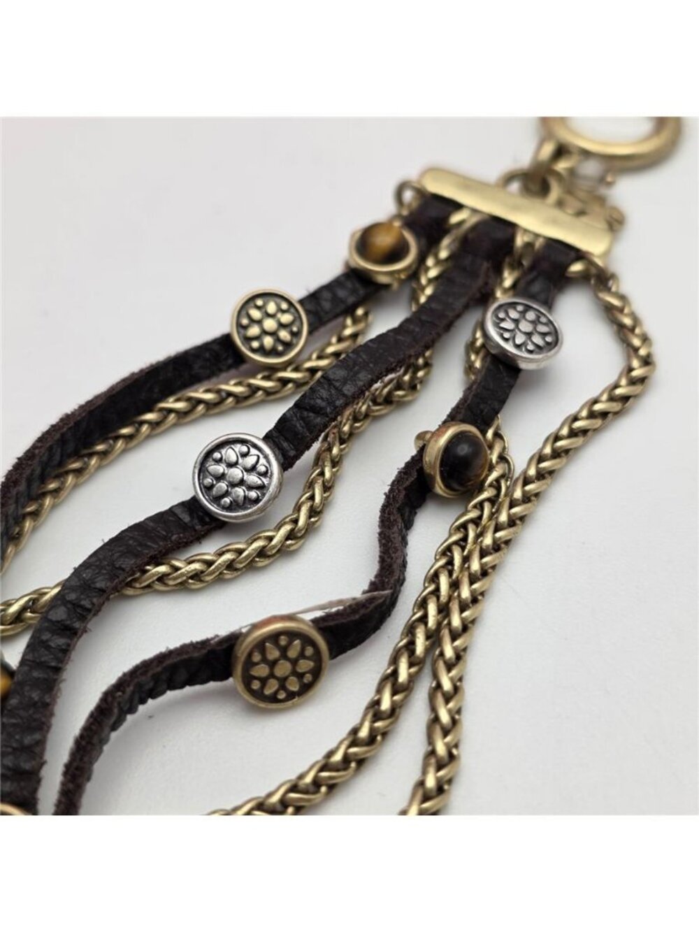 Lucky Brand Tiger's Eye Charm Gold Tone Multi Chain Leather Bracelet 7" - Picture 4 of 8
